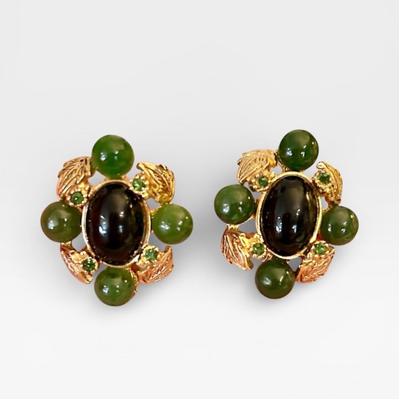 Vintage St. John Jade Beaded Gold-tone Clip-on Earrings